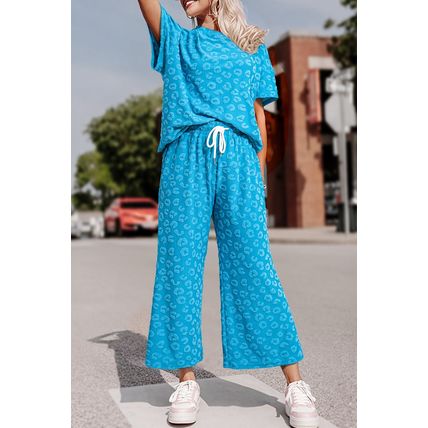Blue Leopard Jacquard Short Sleeve Top and Wide Leg Pants Set