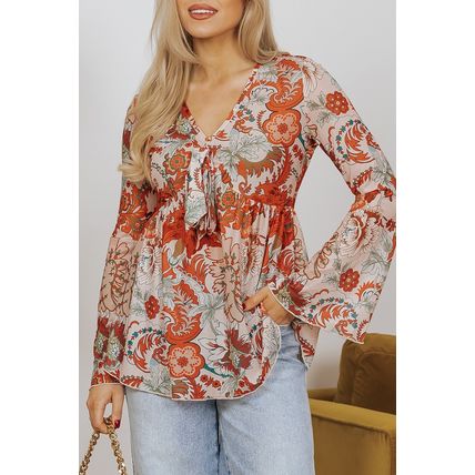 Orange Floral Print Deep V Neck Knot Bell Sleeve Blouse