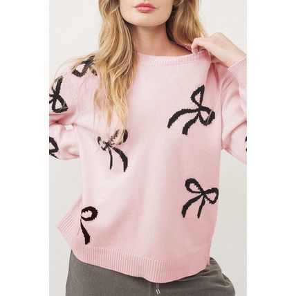 Light Pink Bow Pattern Knitted Loose Fit Sweater