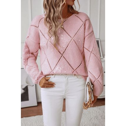 Light Pink Hollowed Rhombus Pattern Sequin Detail Round Neck Sweater