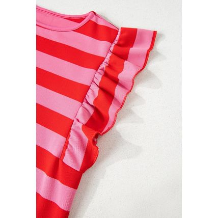 Red Stripe Flutter Sleeve Round Neck T Shirt