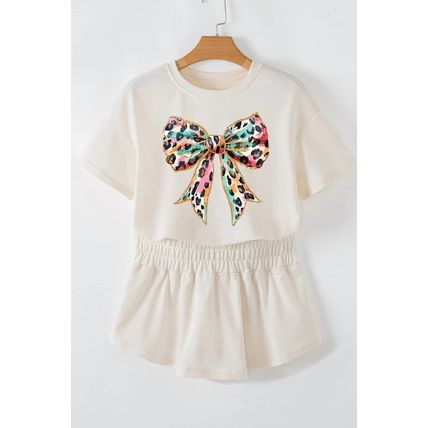 Beige Bold Leopard Bow Print Loose Tee and Skort 2pcs Set