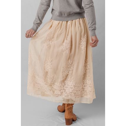 Oatmeal Embroidered Mesh Overlay Flowy Long Skirt
