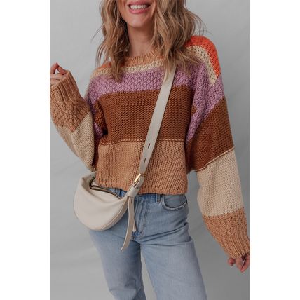 Multicolour Cropped Colorblock Drop Shoulder Knitted Sweater