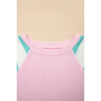 Bonbon Striped Colorblock Patchwork Raglan Pullover Top with Slits