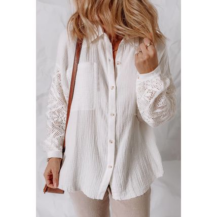 White Cotton Gauze Lace Patchwork Long Sleeve Shirt