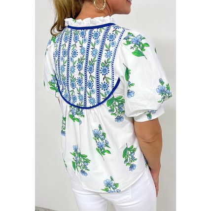 Beige Floral Print Piping Trim Tie Neck Short Sleeve Blouse