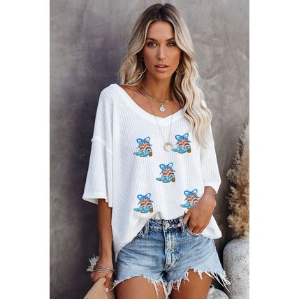 White Patriotic Bow Boots Patched Breathable Texture V Neck Loose Tee