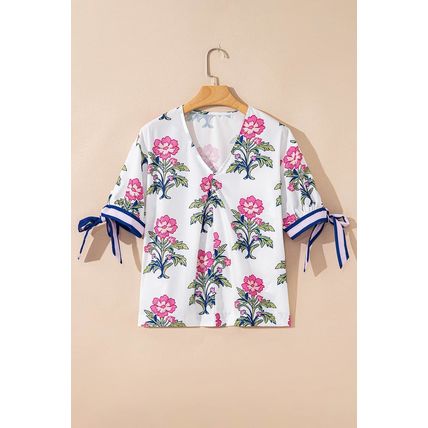 White Floral Colorblock Stripe Knot Bubble Sleeve V Neck Blouse