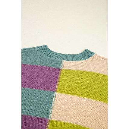 Green Stripe Drop Shoulder Ribbed Edge Casual Sweater