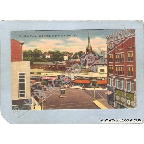 CT Meriden Postcard Meriden Center & Traffic Signal Street Scene Intersect~1317