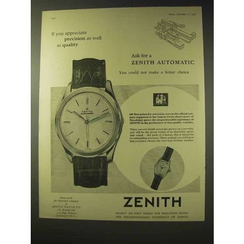 1957 Zenith Automatic Watch Ad - Precision as Quality