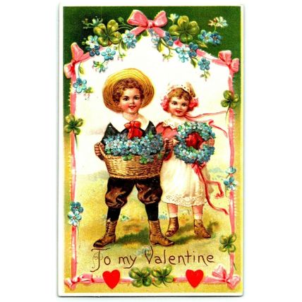1907 Valentine’s Day Cute Young Boy & Girl Embossed Postcard (A12)