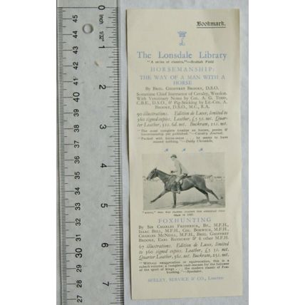 Vintage bookmark - The Lonsdale Library - Horsemanship, Modern Riding, A Hunting