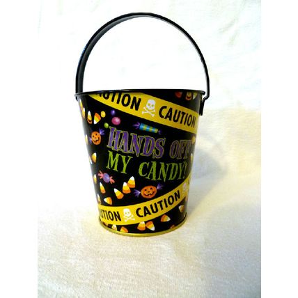12 SMALL HANDS OFF MY CANDY CAUTION TAPE HALLOWEEN METAL TREAT BUCKETS