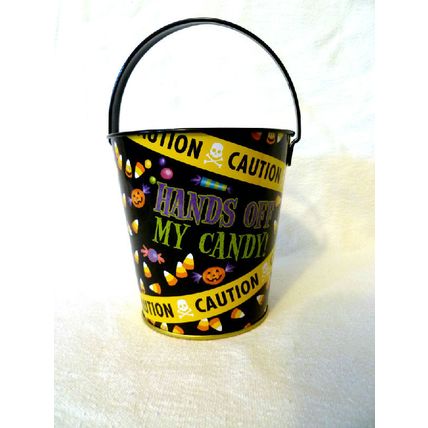 12 SMALL HANDS OFF MY CANDY CAUTION TAPE HALLOWEEN METAL TREAT BUCKETS