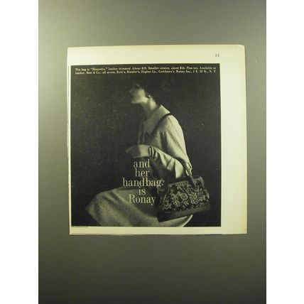 1960 Ronay Moquette Handbag Ad - and her handbag is Ronay