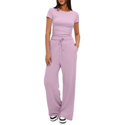 2pcs Solid Color Casual Sports Yoga Suit Short-sleeved Top And High-waisted Draw