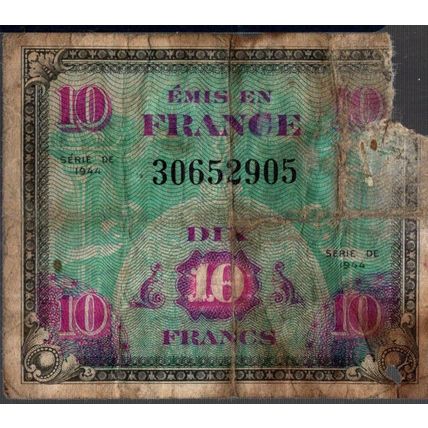 FRANCE BANKNOTE 10 P116 1944 POOR = A RELIC OF THE WAR - 979