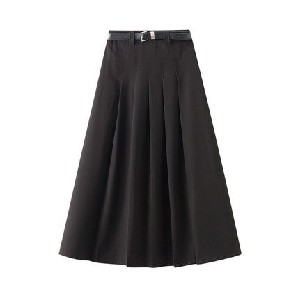 Mid-length high-waisted skirt women for casual pleated skirt with belt