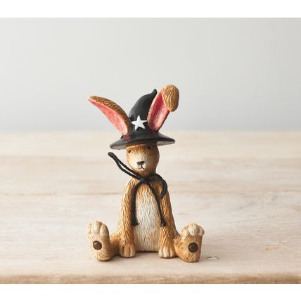 Sitting Bunny Rabbit Figurine with Black Bow and Witches Hat Halloween Ornament