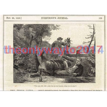 Horse Falls and Rolls Over His Rider, Book Illustration, c1859