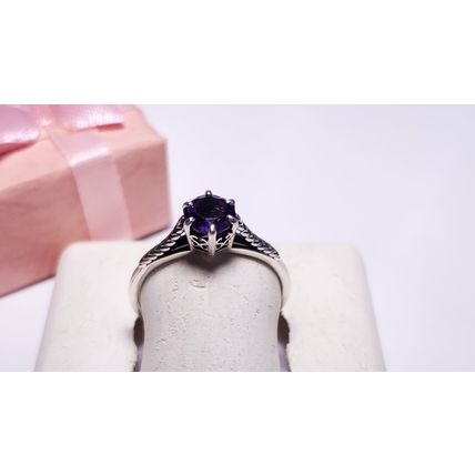 Estate 3/4ct round Amethyst scroll basket feather sides SterlingSilver Ring22243