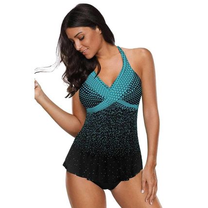 Turquoise Dot Print Halterneck Tankini Set