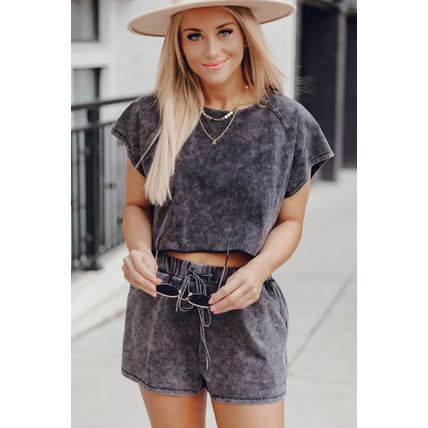 Black Acid Washed Short Lounge Set