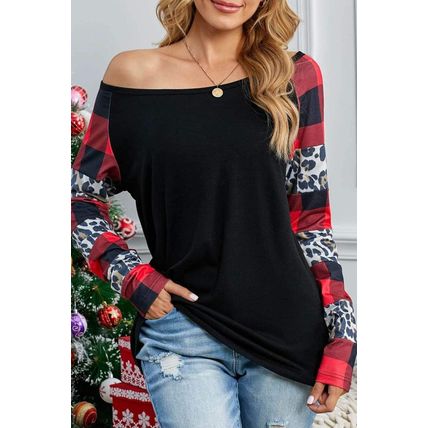 Black Off Shoulder Plaid&Leopard Print Long Sleeve Top