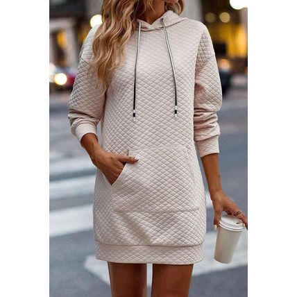 Parchment Drawstring Kangaroo Pocket Quilted Hooded Dress