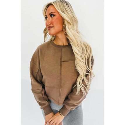 Coffee Solid Exposed Seam Pullover Sweatshirt