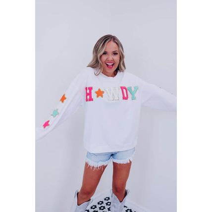 White Glitter Howdy Patch Graphic Casual Sweatshirt