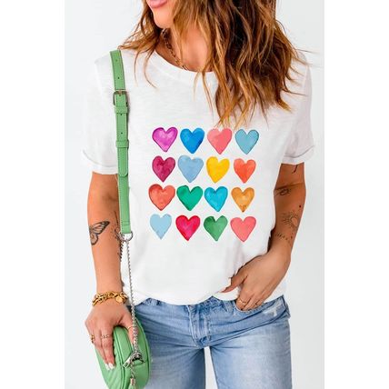 White Colorful Heart Shaped Print Crew Neck T Shirt