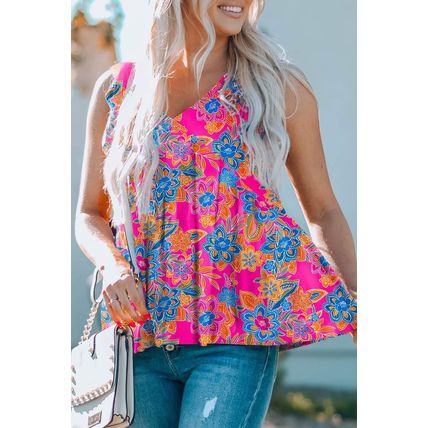 Rose Red Boho Pattern Print Flounce V Neck Tank Top