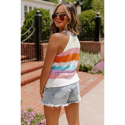 Multicolour Wavy Striped Print Textured Knit Sleeveless Sweater Top