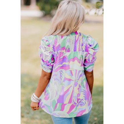 Green Abstract Print Bubble Sleeve Smock Detail Blouse
