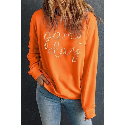 Orange Rhinestone game day Pattern Drop Shoulder Sweatshirt