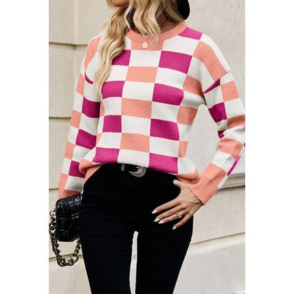 Pink Checkered Ribbed Edge O Neck Drop Shoulder Sweater