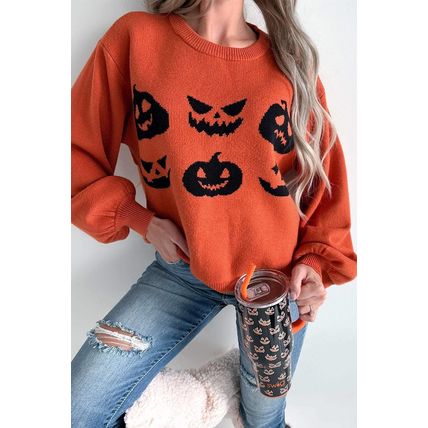 Orange Halloween Pumpkin Face Pattern Drop Shoulder Sweater