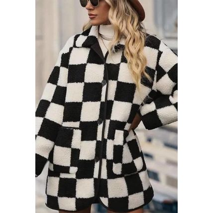 Black Checkered Side Pockets Collared Buttoned Fleece Jacket