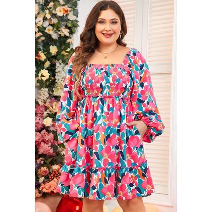 Rose Flower Print Smocked Square Neck Plus Size Dress