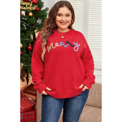 Fiery Red Tinsel merry Pattern Drop Shoulder Plus Size Sweater