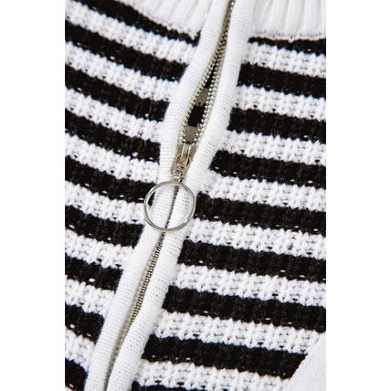 Black Stripe Zip up Collar Drop Shoulder Sweater