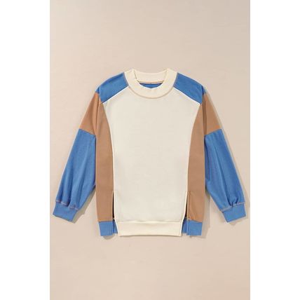 Sky Blue Ribbed Detail Color Block Sleeve Baggy Sweatshirt