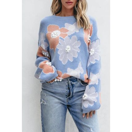 Beau Blue Floral O Neck Drop Shoulder Knitted Sweater