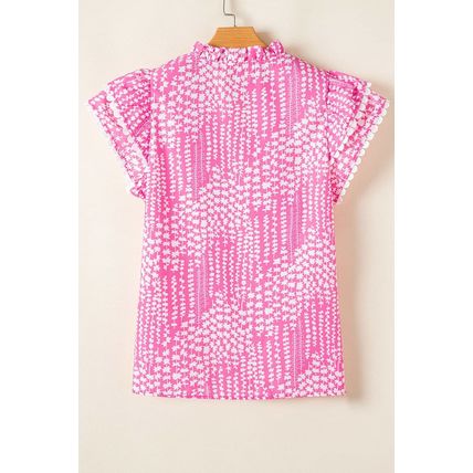 Pink Abstract Print Ric Rac Trim Flutter Sleeve Notch V Neck Blouse