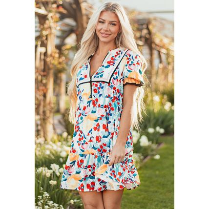 Green Floral Print Zipper Ruffled Short Sleeve High Waist Mini Dress