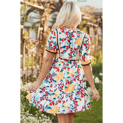 Green Floral Print Zipper Ruffled Short Sleeve High Waist Mini Dress