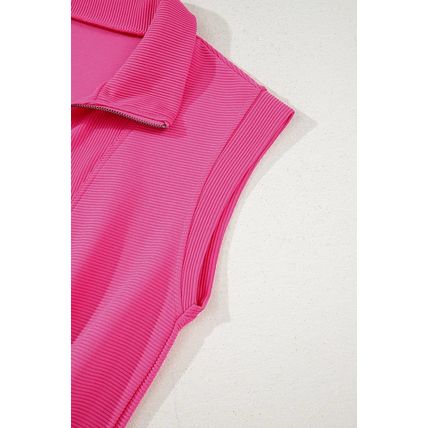 Rose Red Textured Short Sleeve Half Zip Drawstring Waist Romper